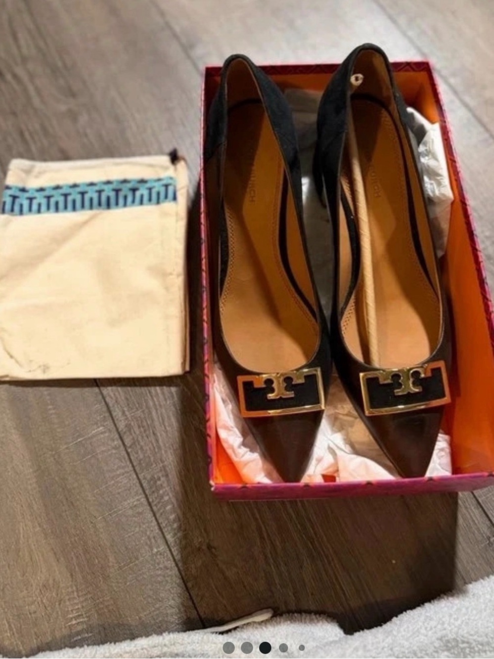 Tory Burch Black Pointed Toe Leather Heels with Gold Logo Plaque
